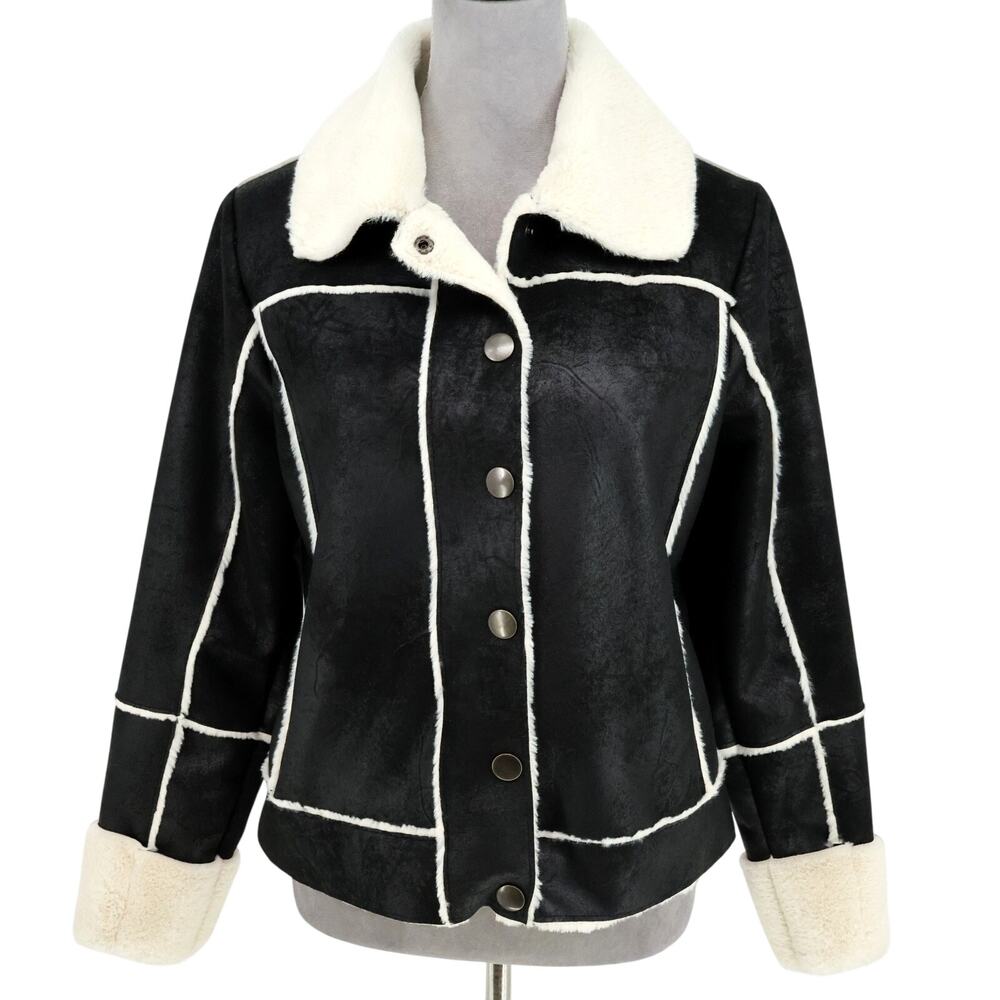 Chaser Jacket Women Medium Black Faux Suede Fur Snap Front Cozy Edgy Chic Sherpa